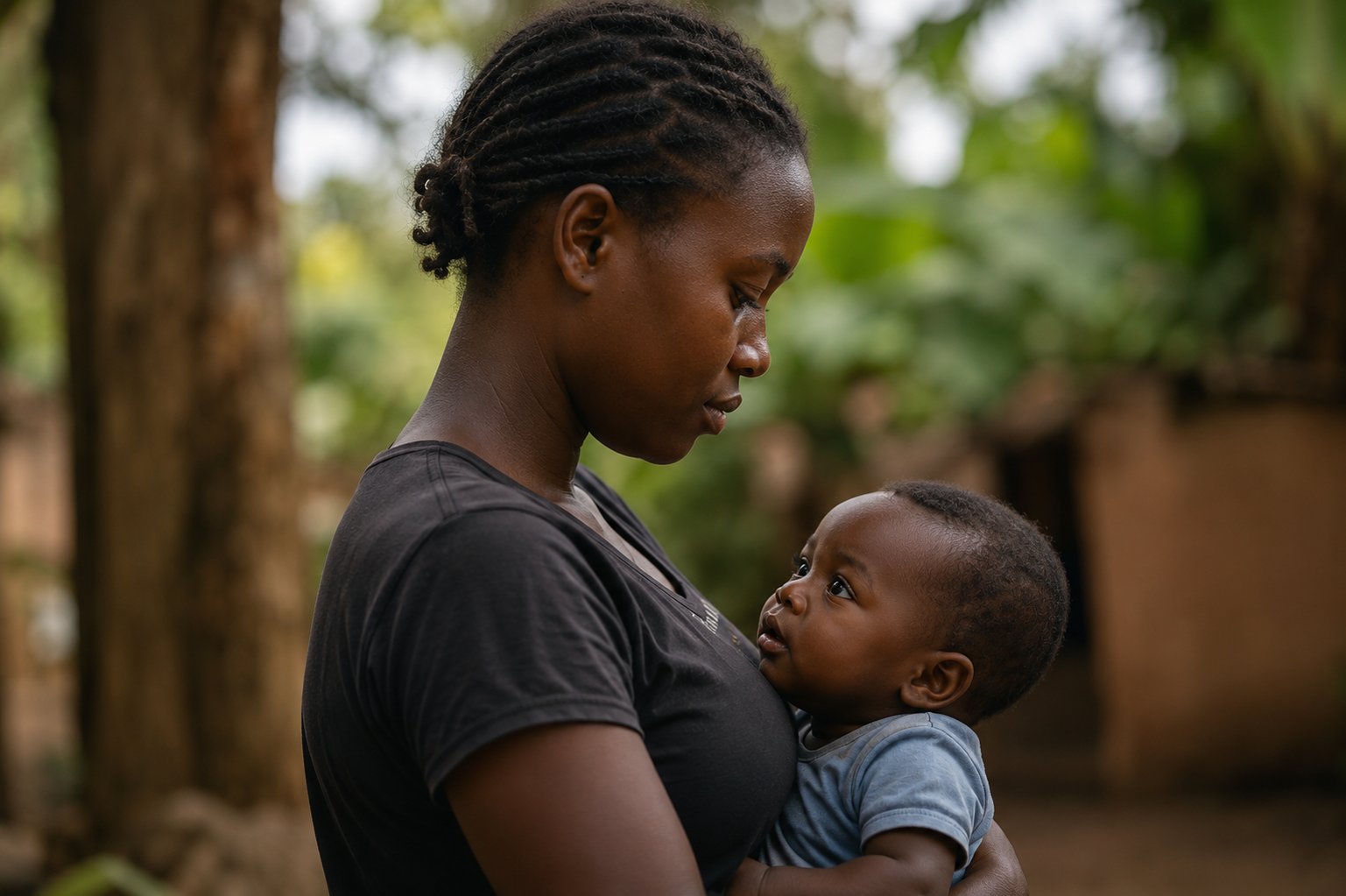 A mother holding her child at a rural health clinic in Rwanda