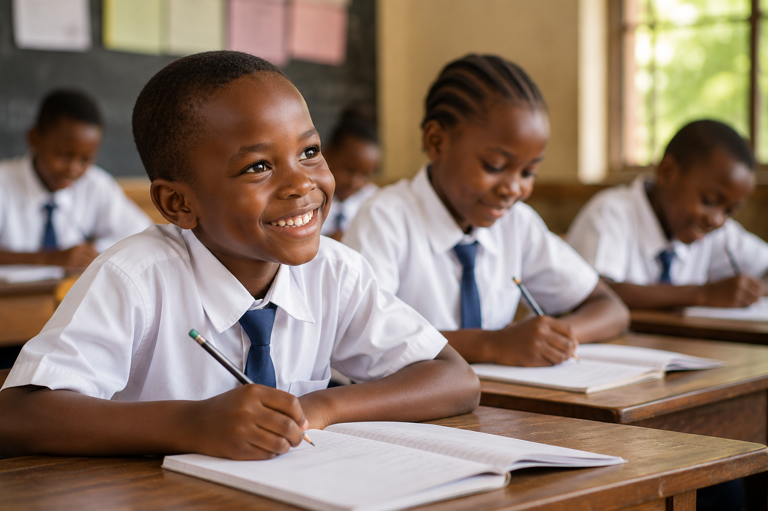 Children in a classroom smiling, representing education in Africa